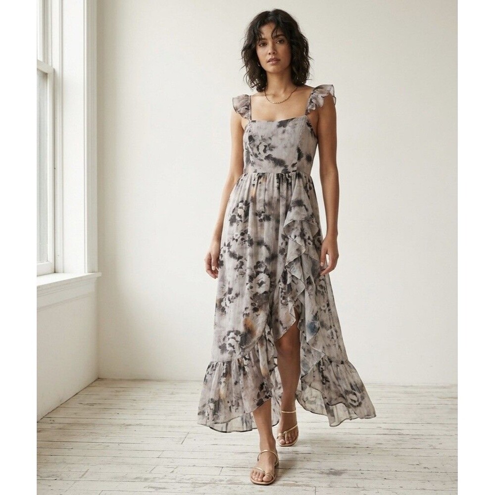 Storia Maxi Dress Size L Gray Floral Ruffle Sleeveless Flowy Summer Boho